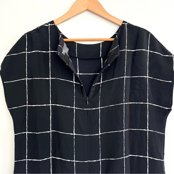 VINCE 100% Silk Black White Windowpane Print Side Pockets Mini Shift Dress Sz M - Picture 9 of 15